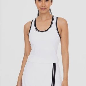 Retro tennis tank. Built in bra.  Very comfortable. White w black piping.